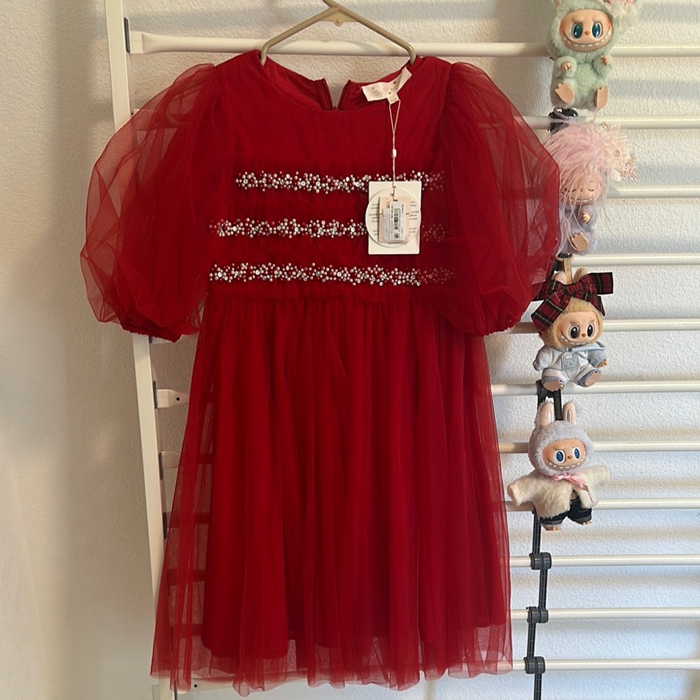 Elegant Red Tulle Dress with Puff Sleeves